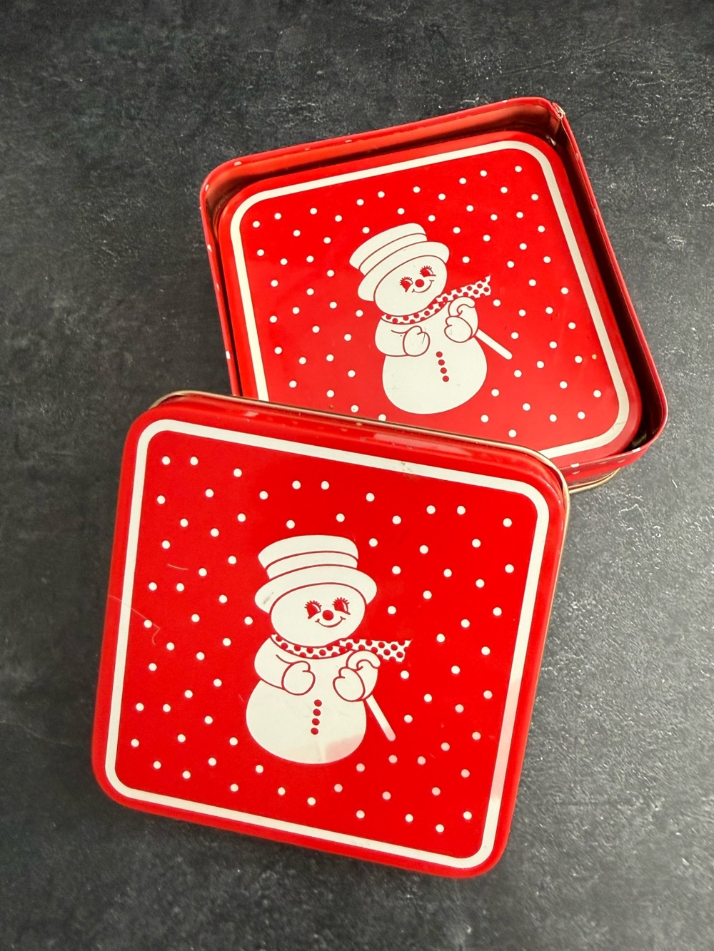 Red Snowman Holiday Coasters in Tim Box